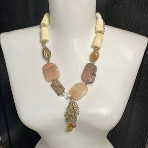 Chico’s Chunky Natural Stone and Gold Tone Chain Necklace